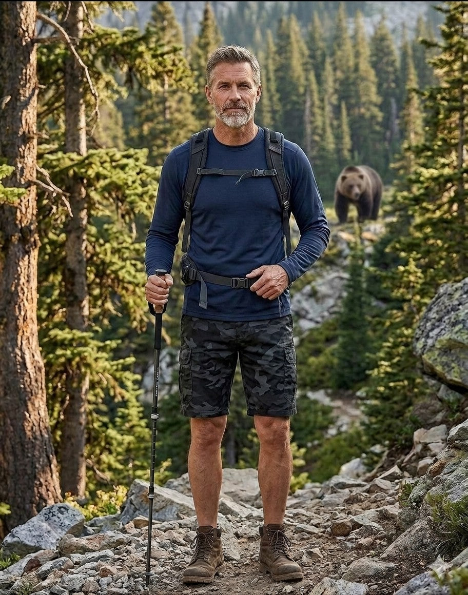 Detailed front view of men's black camo cargo shorts showing the expandable elastic waistband, button closure, and durable belt loops.