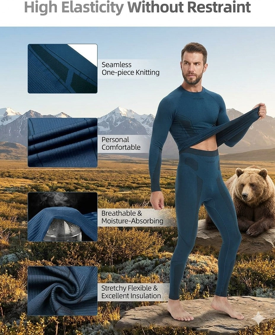 Man wearing a blue thermal outfit with mountain and bear background, highlighting features like seamless knitting and breathability.