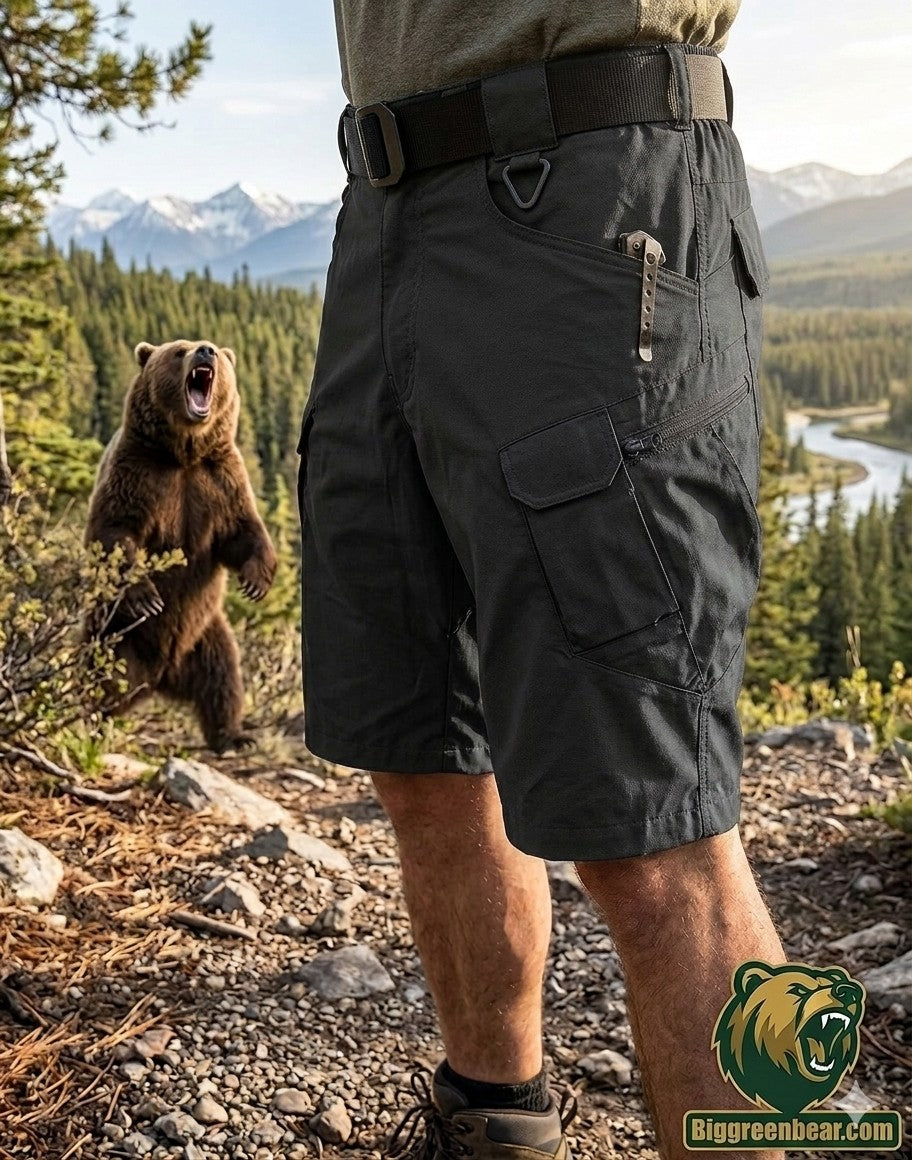  "Big Green Bear Men's 9-inch lightweight tactical hiking shorts in slate blue, featuring cargo pockets and an ergonomic cut for outdoor mobility."