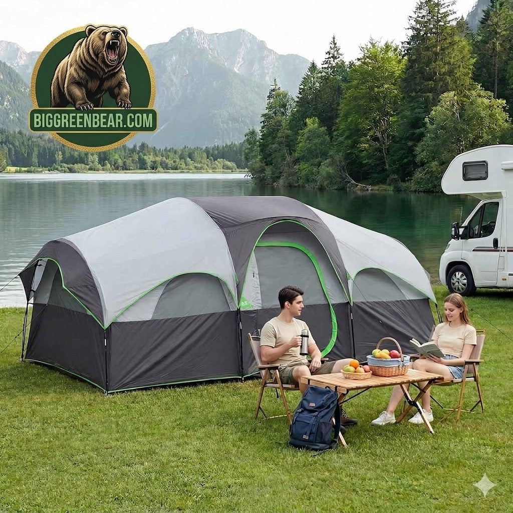 Man and emale relaxing with thier tent Biggreenbear.com