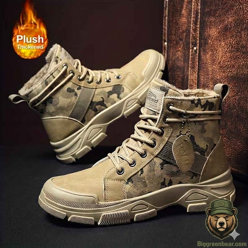 Camouflage boots with plush thickened feature on a dark background Biggreenbear.com