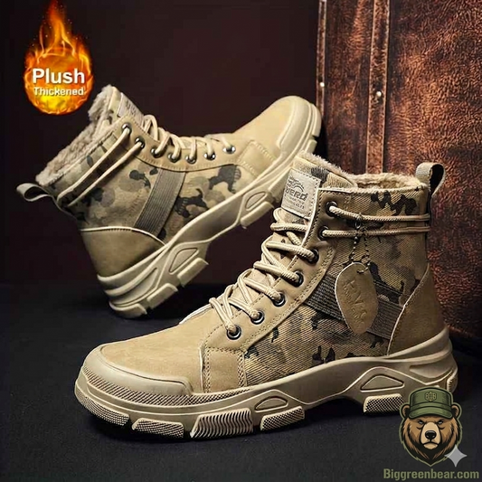 Camouflage boots with plush thickened feature on a dark background Biggreenbear.com