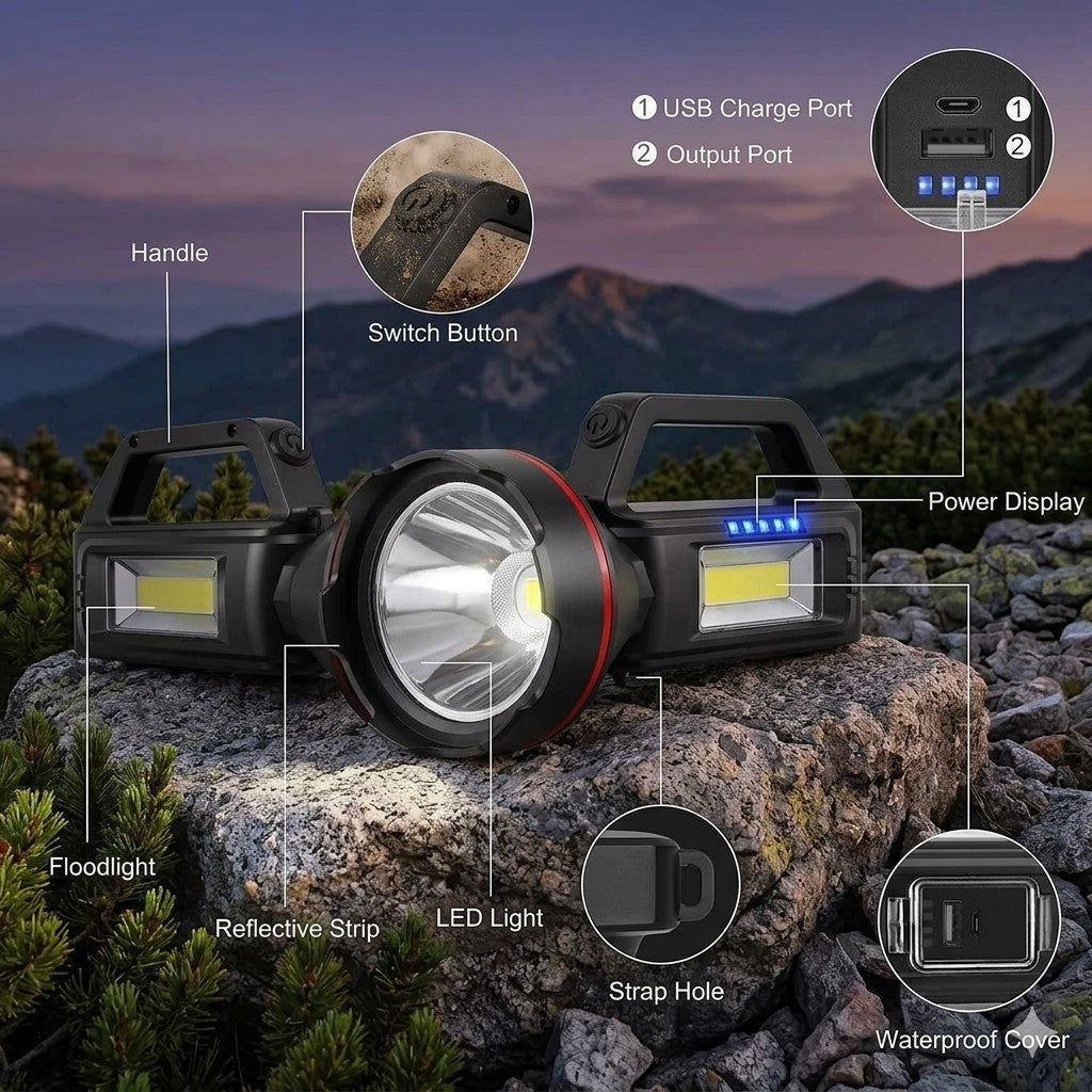 Rechargeable flashlight on a rock with labeled parts against a mountainous background
