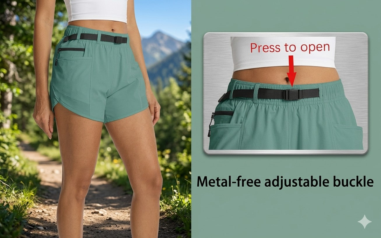 Person wearing teal shorts with metal-free adjustable buckle feature, outdoors.