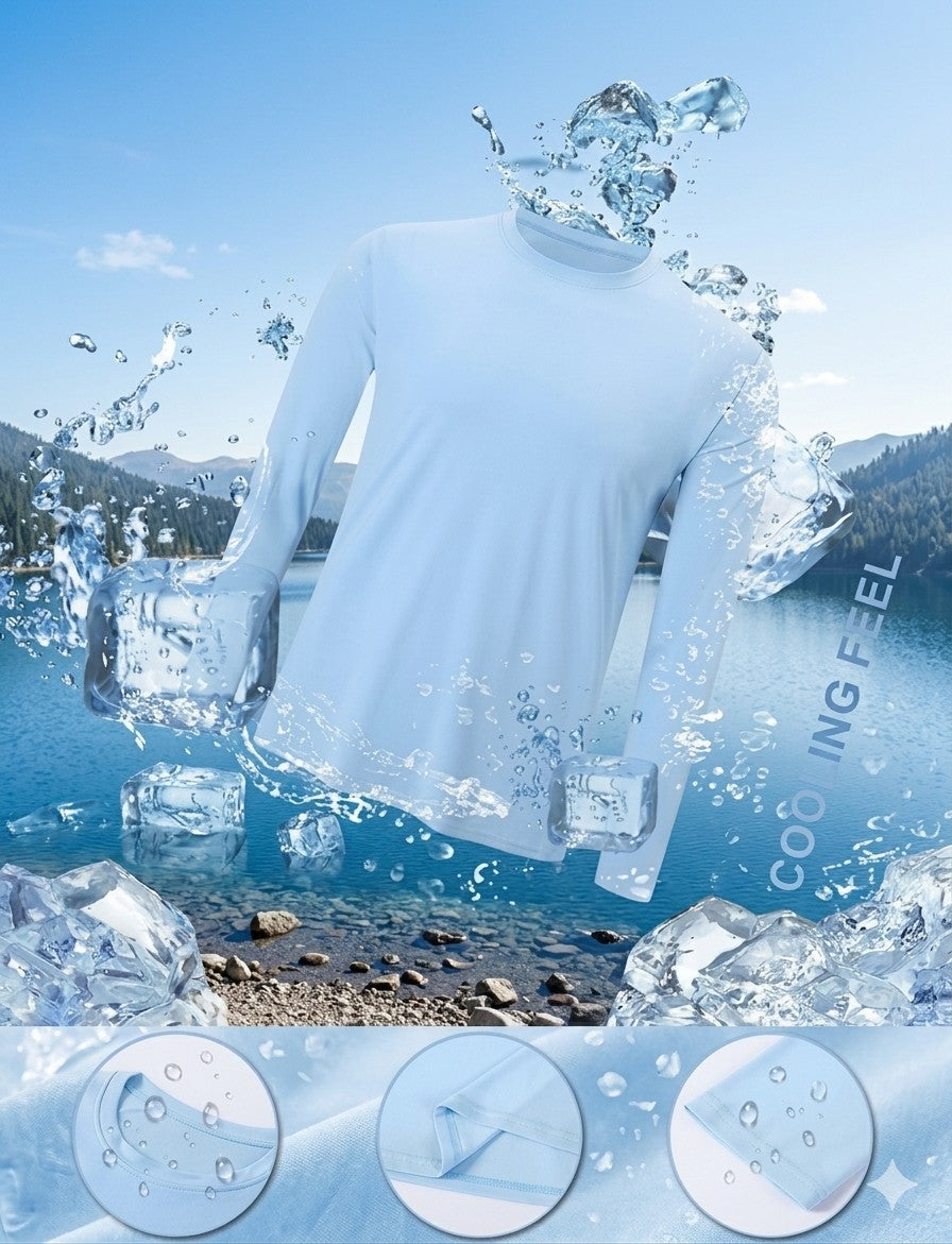 White long-sleeve shirt with water effects against a mountain landscape
