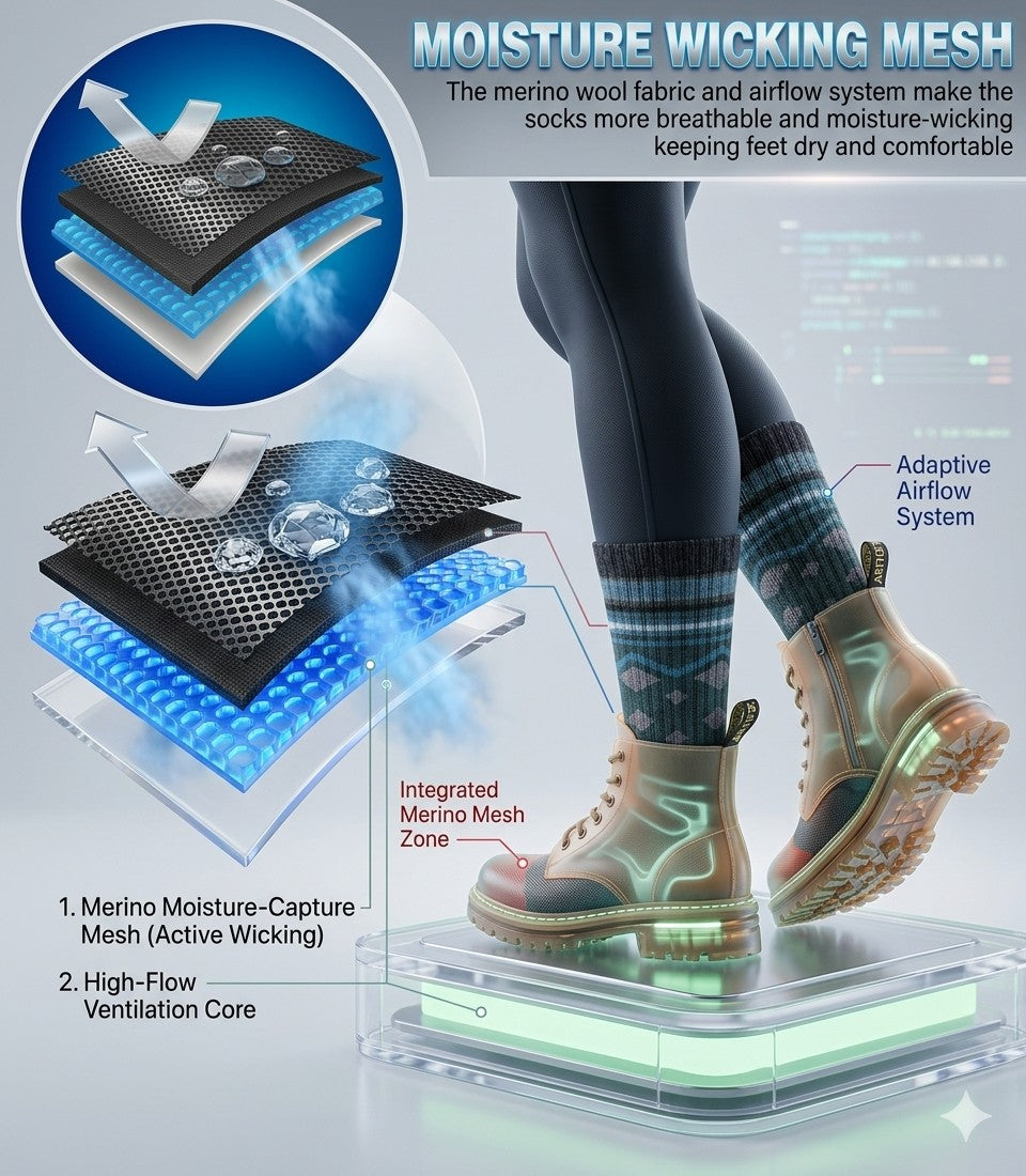 Illustration of feet wearing socks with moisture-wicking technology and high-flow ventilation system.