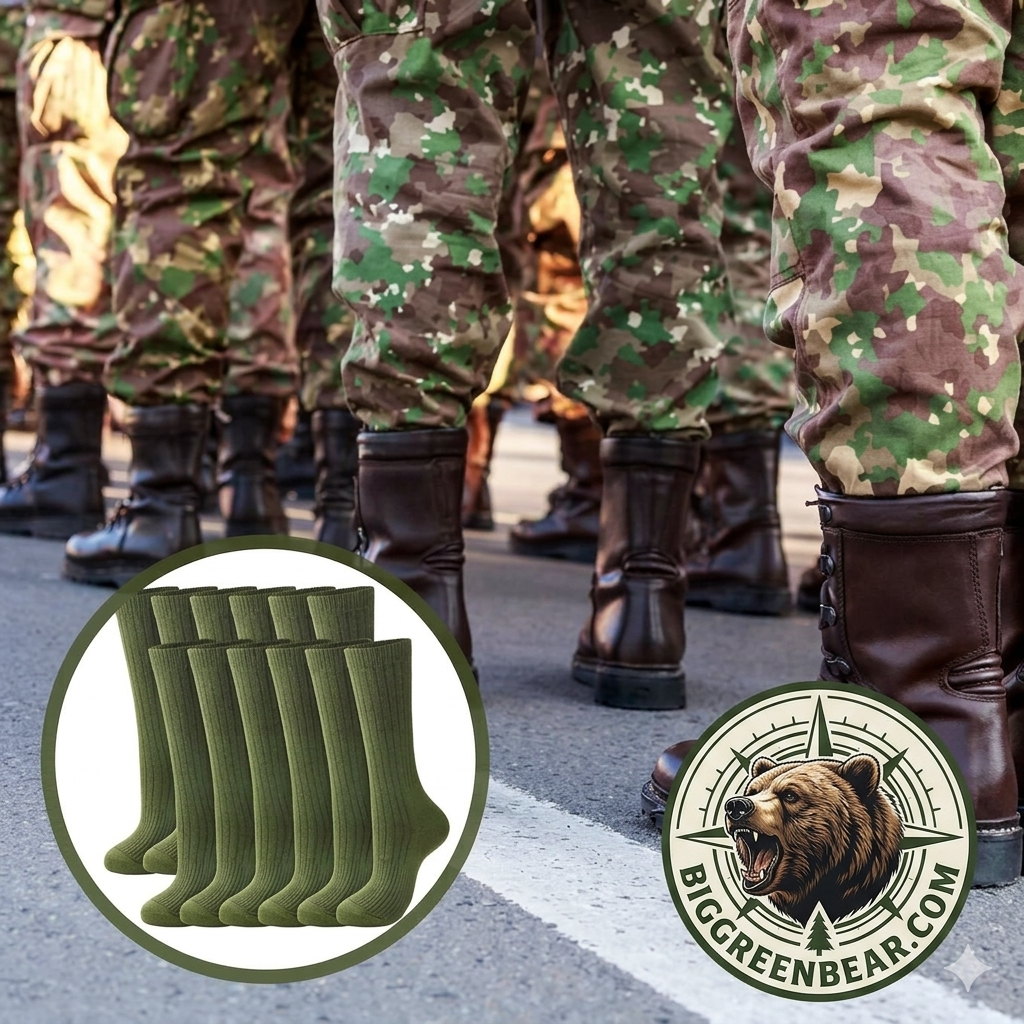 Green socks with a close-up inset and a bear logo in the corner.