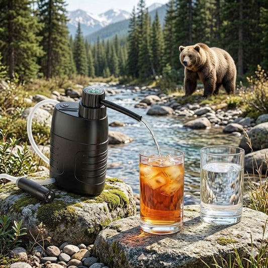 Black water filter pitcher with a glass of iced tea and another glass on a natural setting with a bear in the background. Big Green Bear