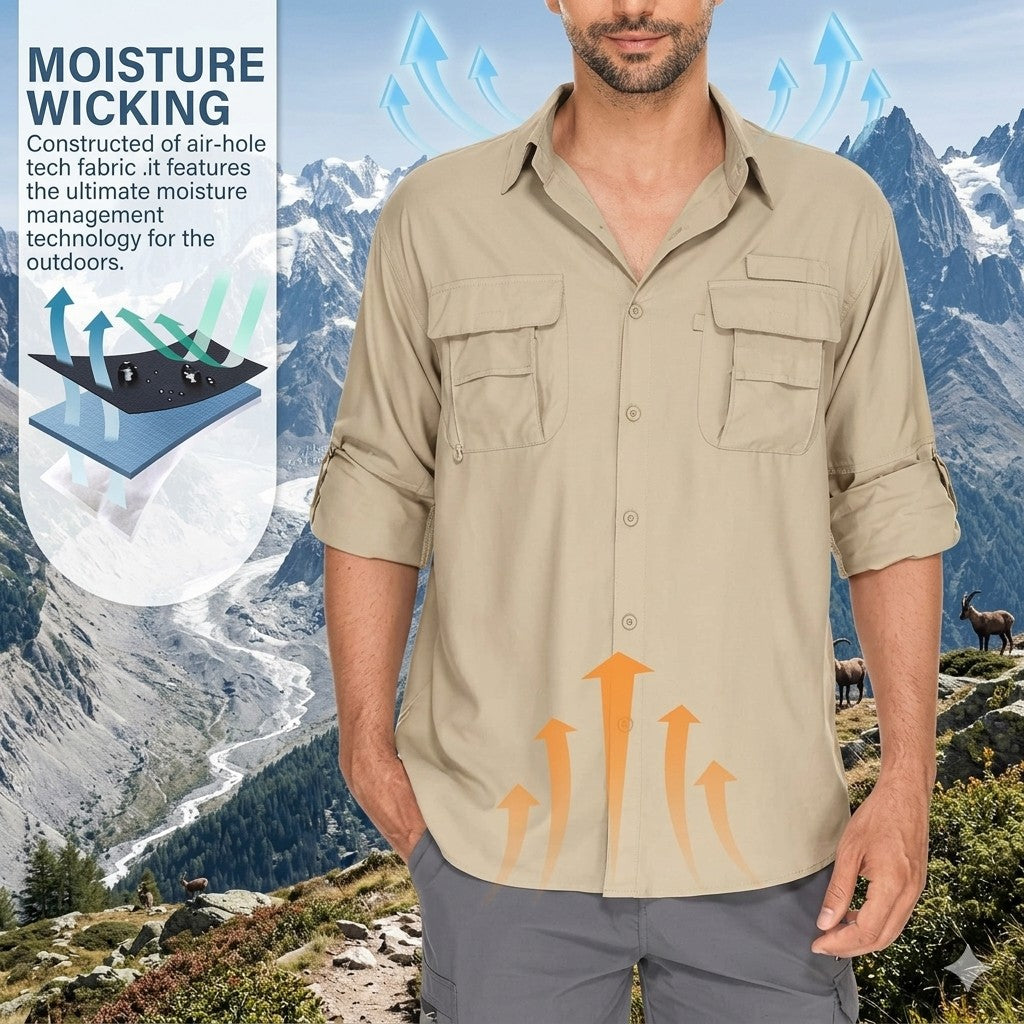 Man wearing a beige shirt with mountainous background and moisture wicking graphic