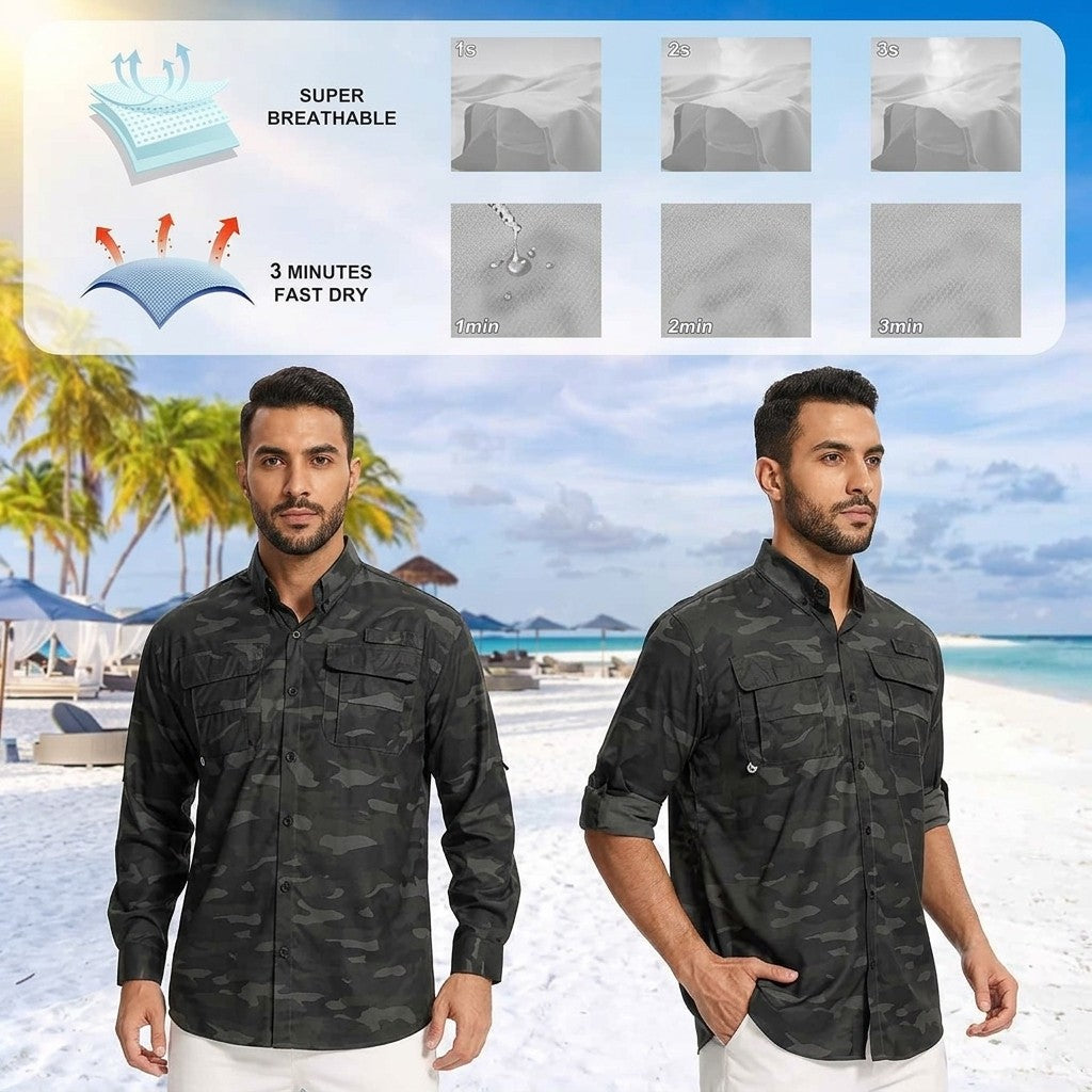 Man wearing a black camouflage shirt on a beach with product features highlighted.
