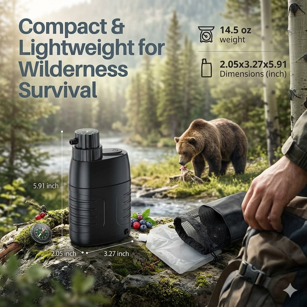 Black compact device with bear and nature scene, highlighting features like weight and dimensions.