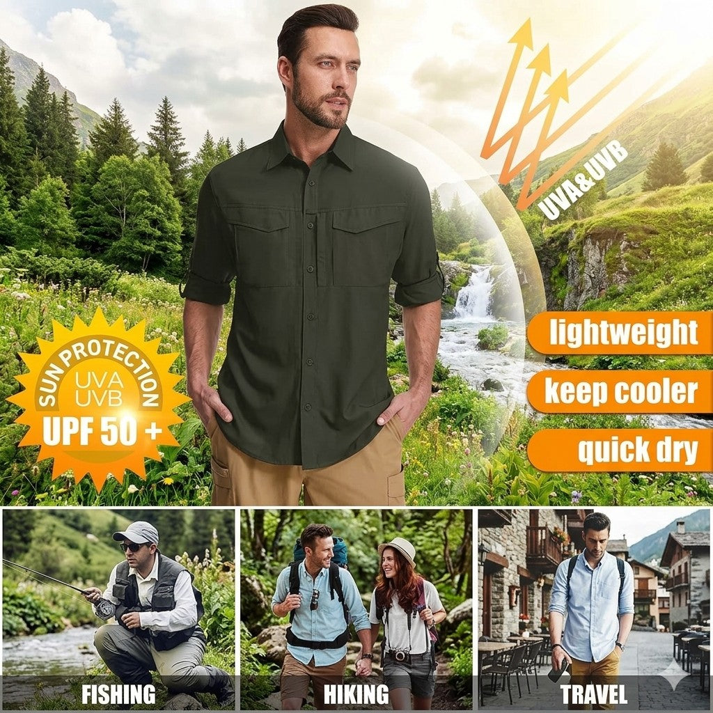 Man wearing a green shirt with outdoor scenery and product features displayed.