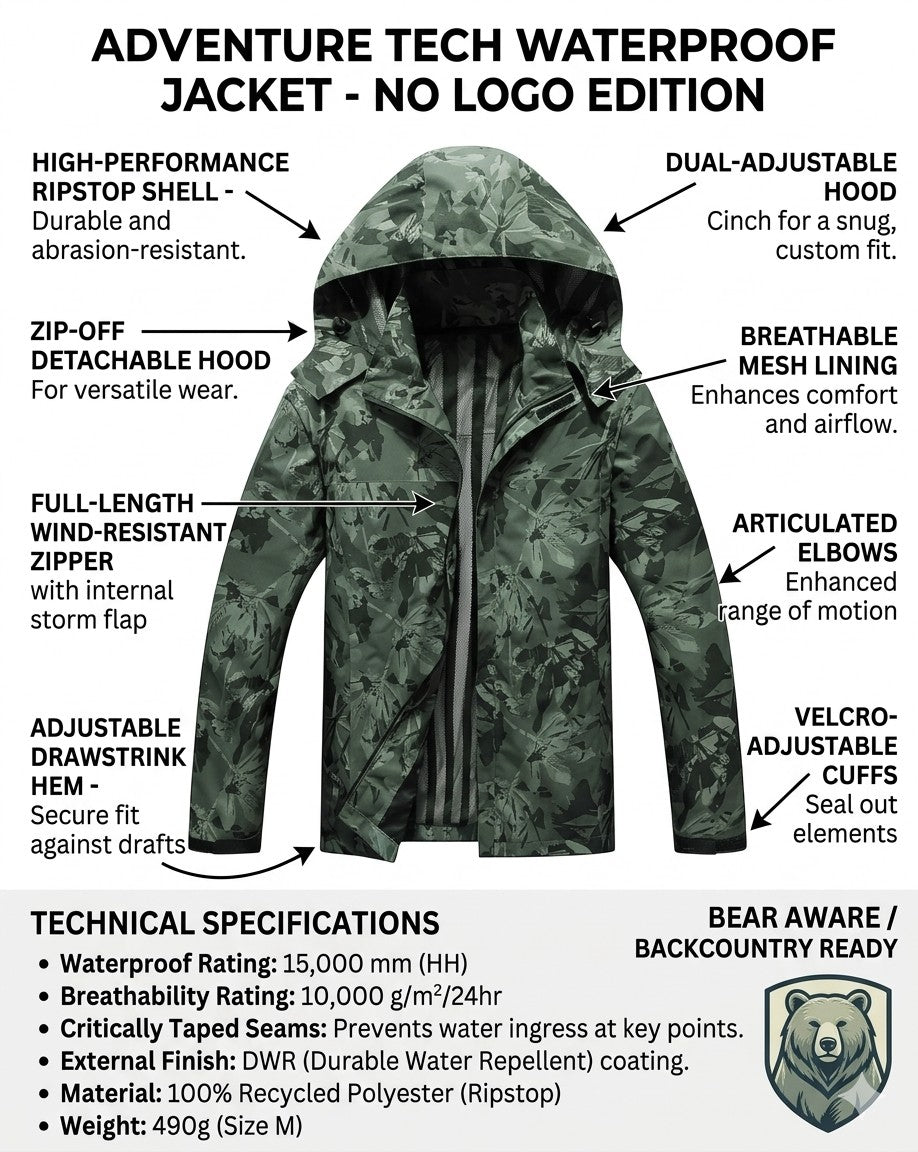 Camouflage waterproof jacket with feature labels and technical specifications.