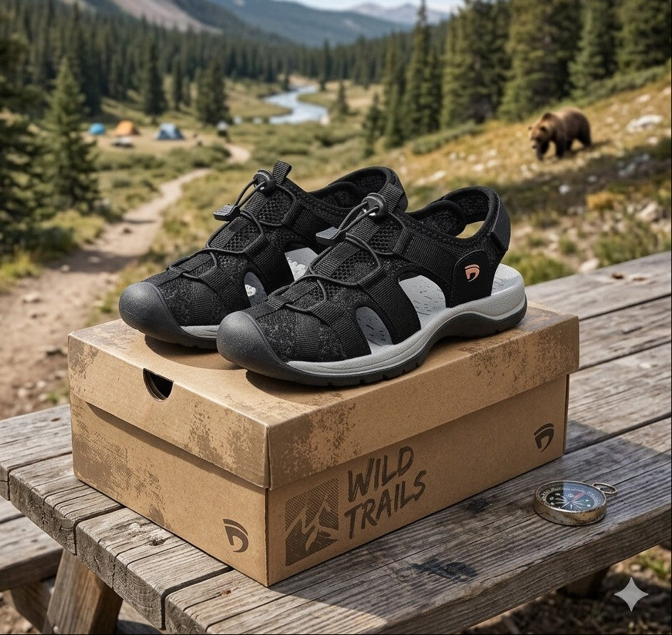 A pair of black Wild Trails hiking sandals resting on top of their brown cardboard shoebox, placed on a wooden picnic table with a scenic mountain and forest trail in the background. big green bear
