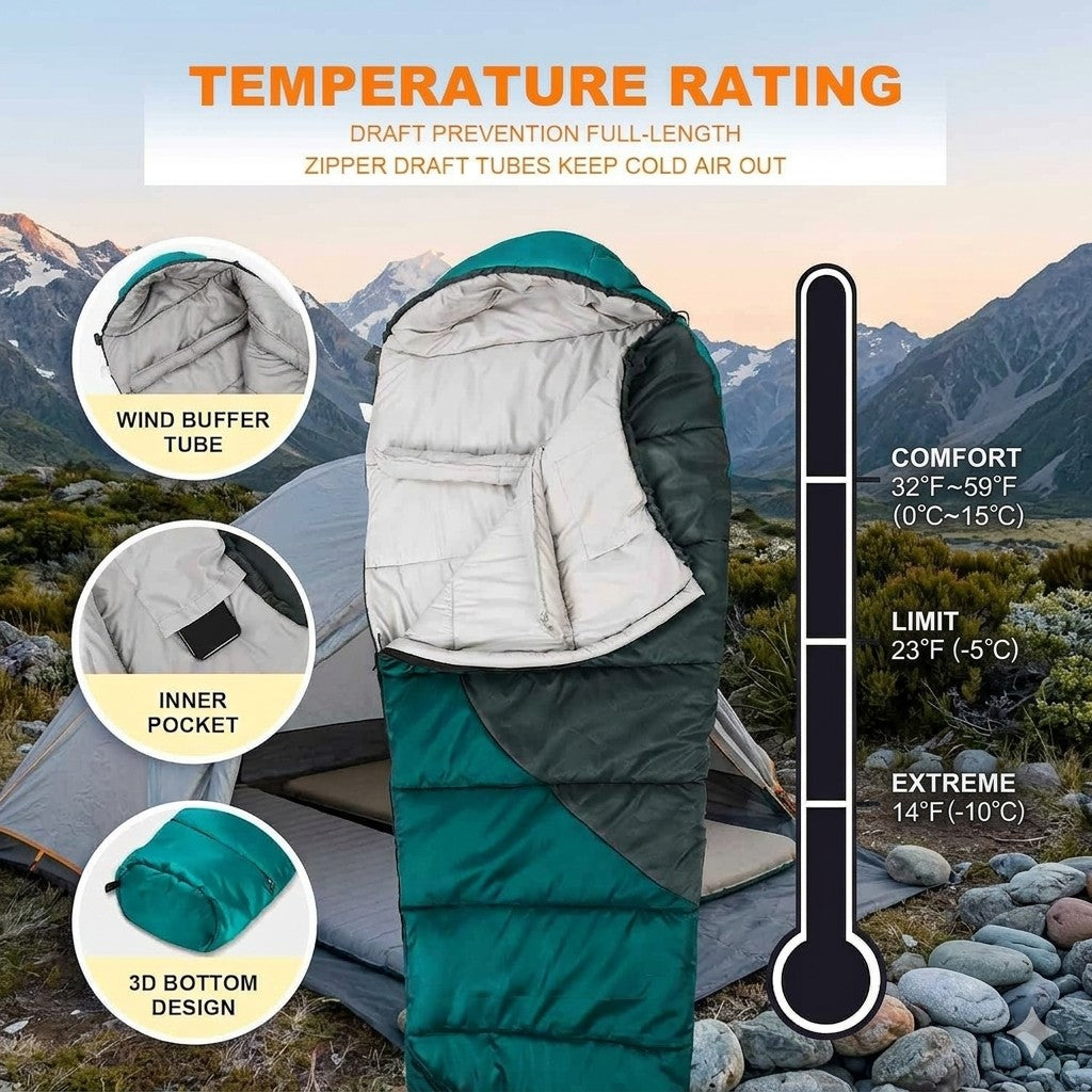 Camping sleeping bag with temperature rating details and features on a mountain background