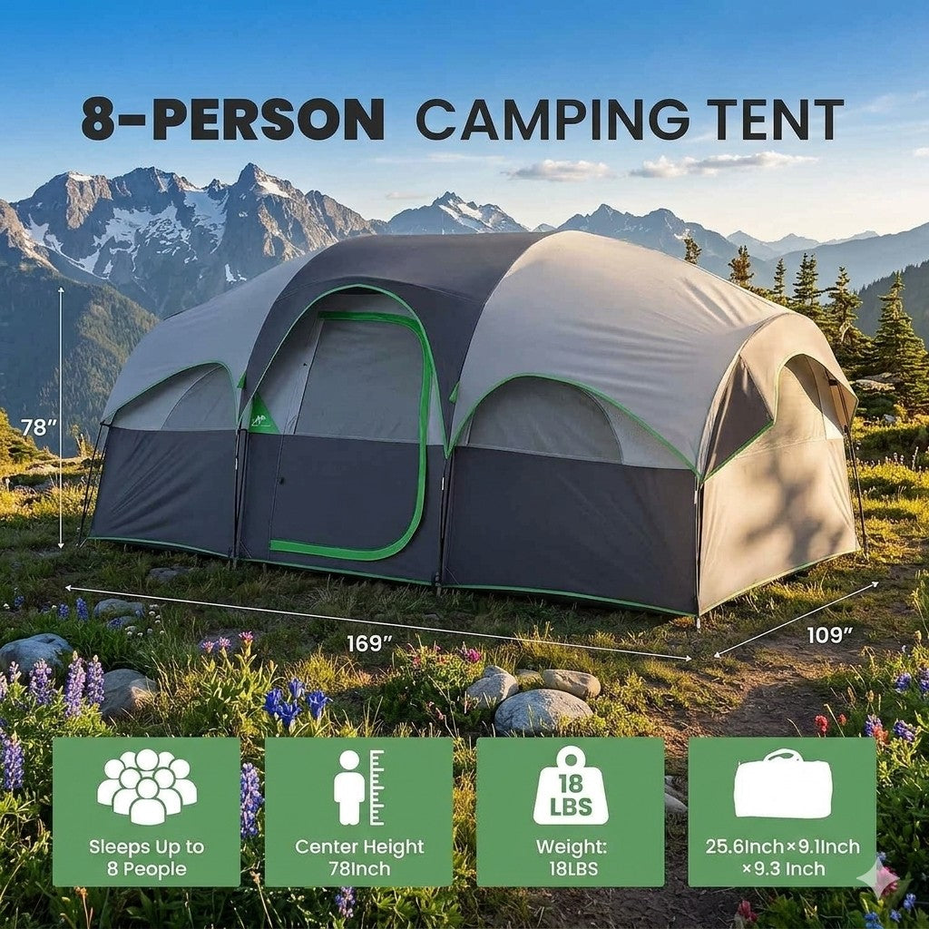 8-person camping tent with mountain and forest background