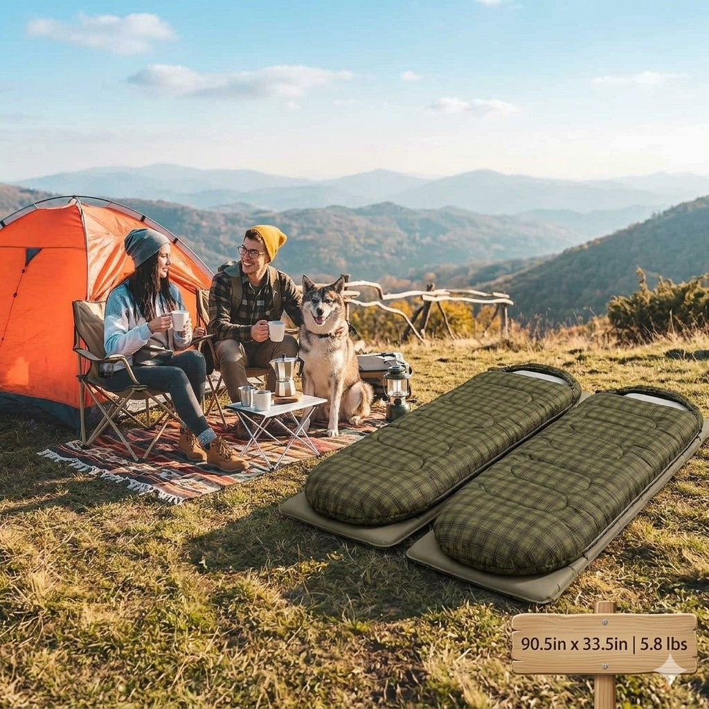 people enjoying the outdoors showing two plaid sleeping bags