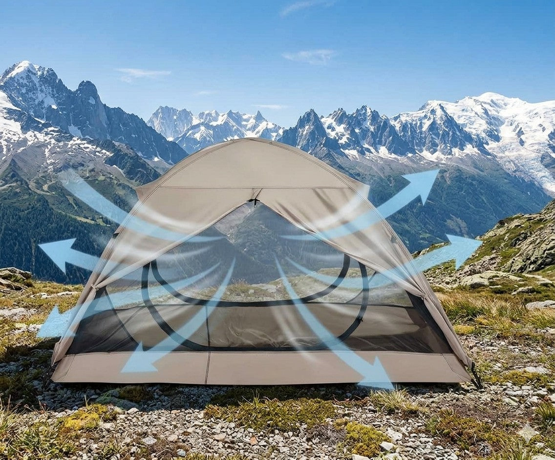 Camping tent with mountainous landscape in the background