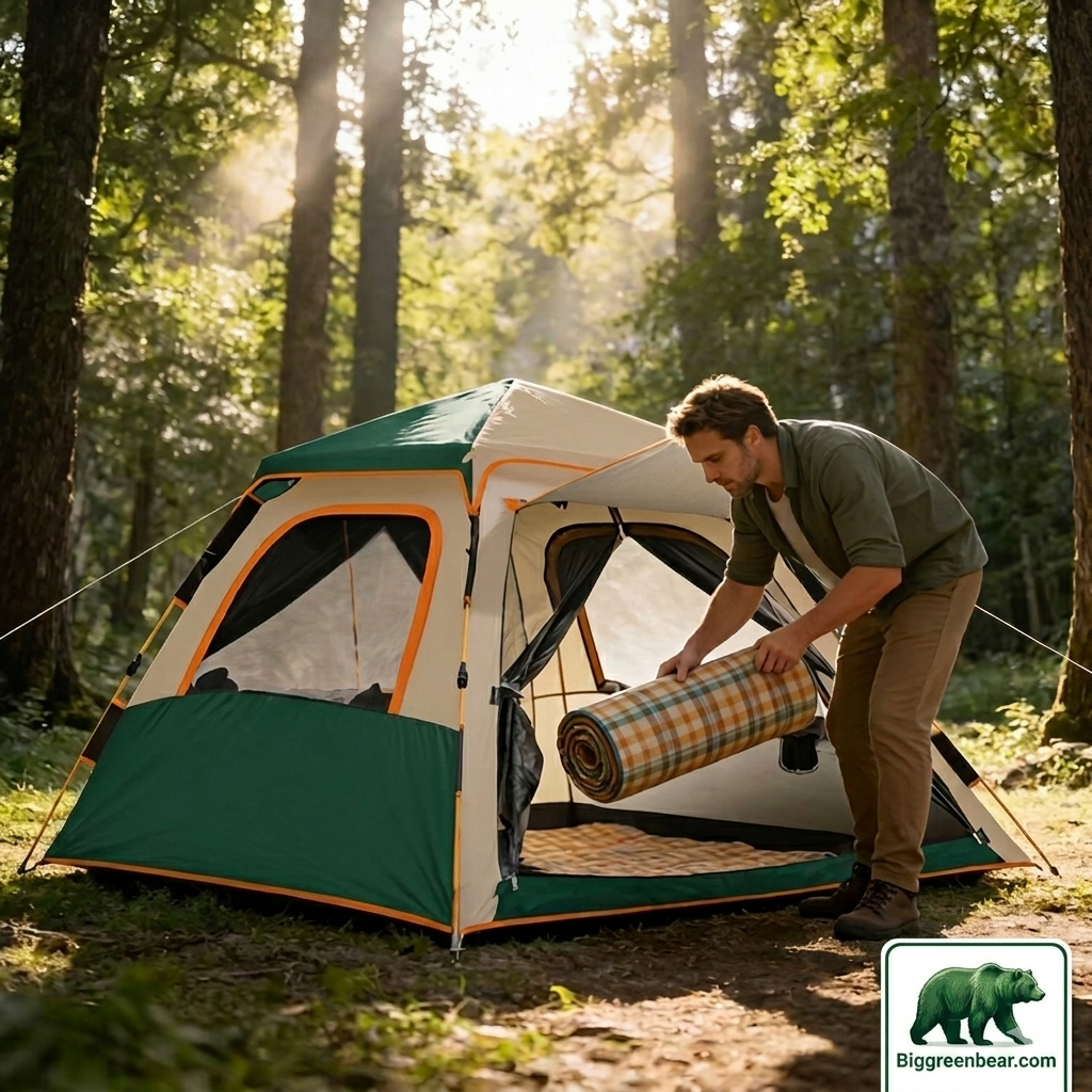 Man setting up a tent in a forest with a Biggreenbear.com logo.