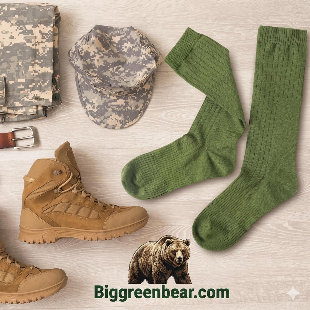 Military-themed items including boots, hat, and socks on a wooden surface with 'Biggreenbear.com' branding.