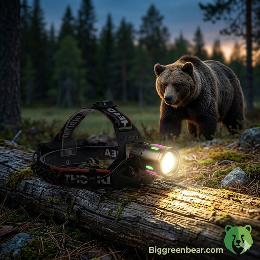 Bear in a forest with a headlamp on a log, featuring Biggreenbear.com logo.