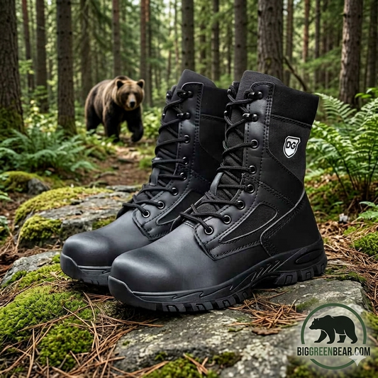 Black tactical boots on a rock with a bear in the background in a forest setting. Biggreenbear.com Big Green Bear