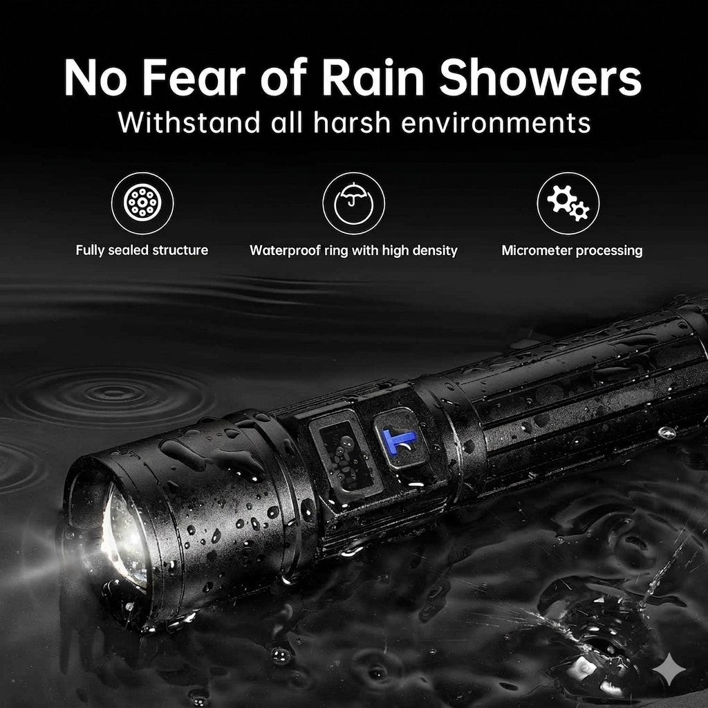 Flashlight submerged in water with text about its waterproof features