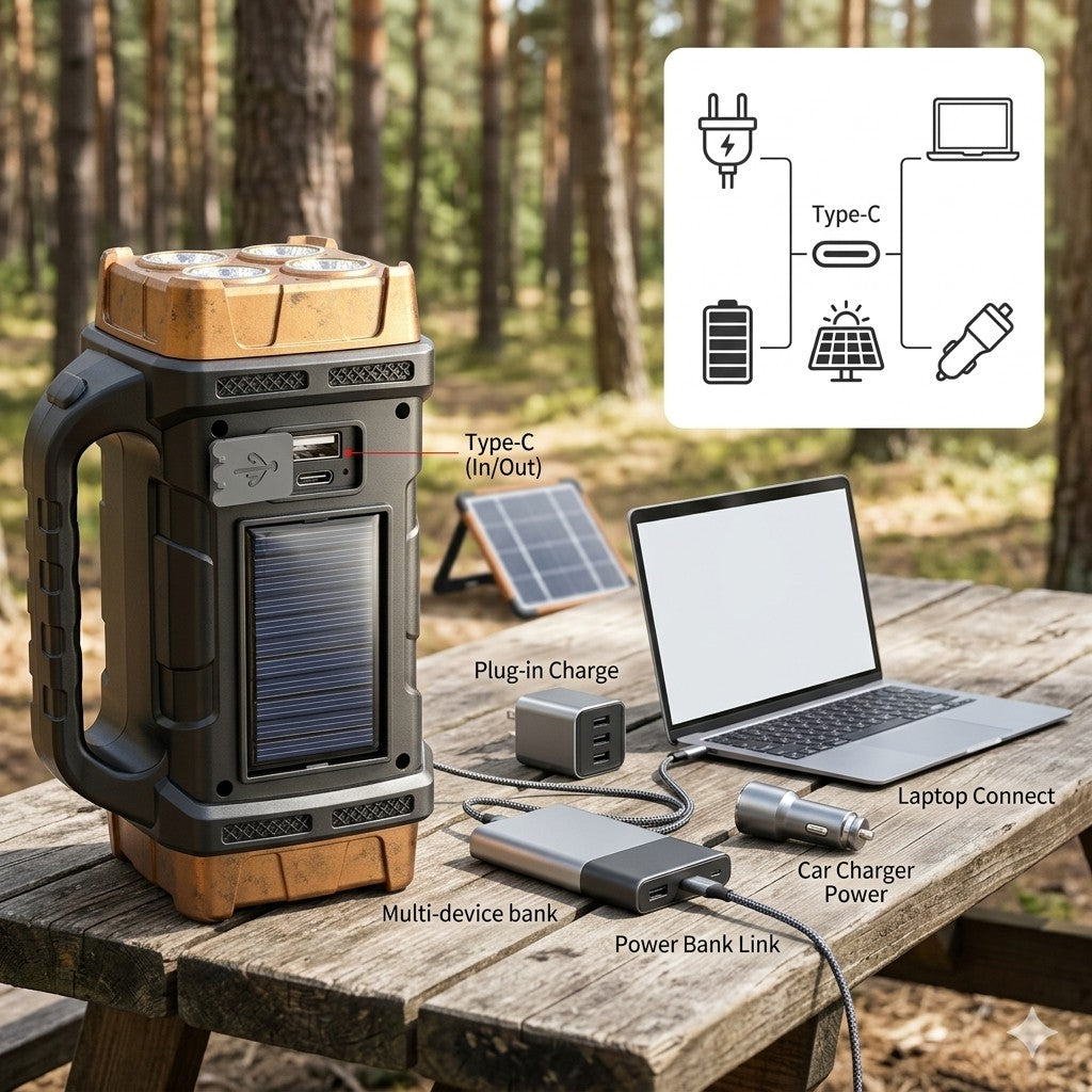 Portable solar lantern with charging capabilities on a wooden table outdoors.