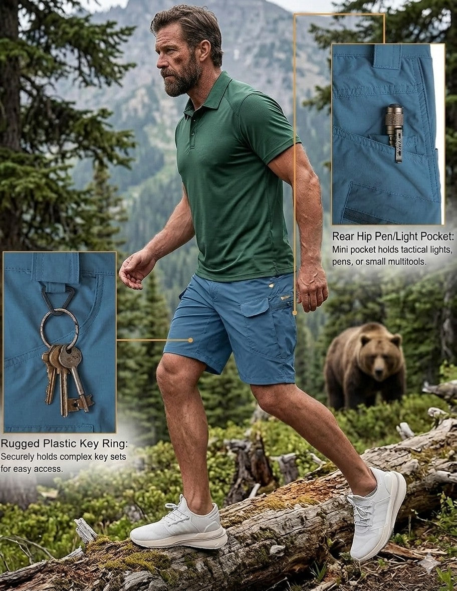 "Close-up of the expandable comfort back waistband on Big Green Bear tactical work shorts, showing elastic panels for a custom fit."