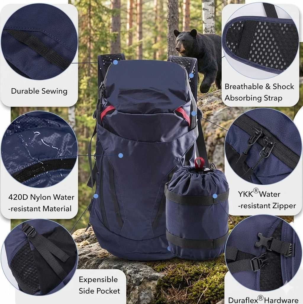 Navy blue backpack with features highlighted on a forest background