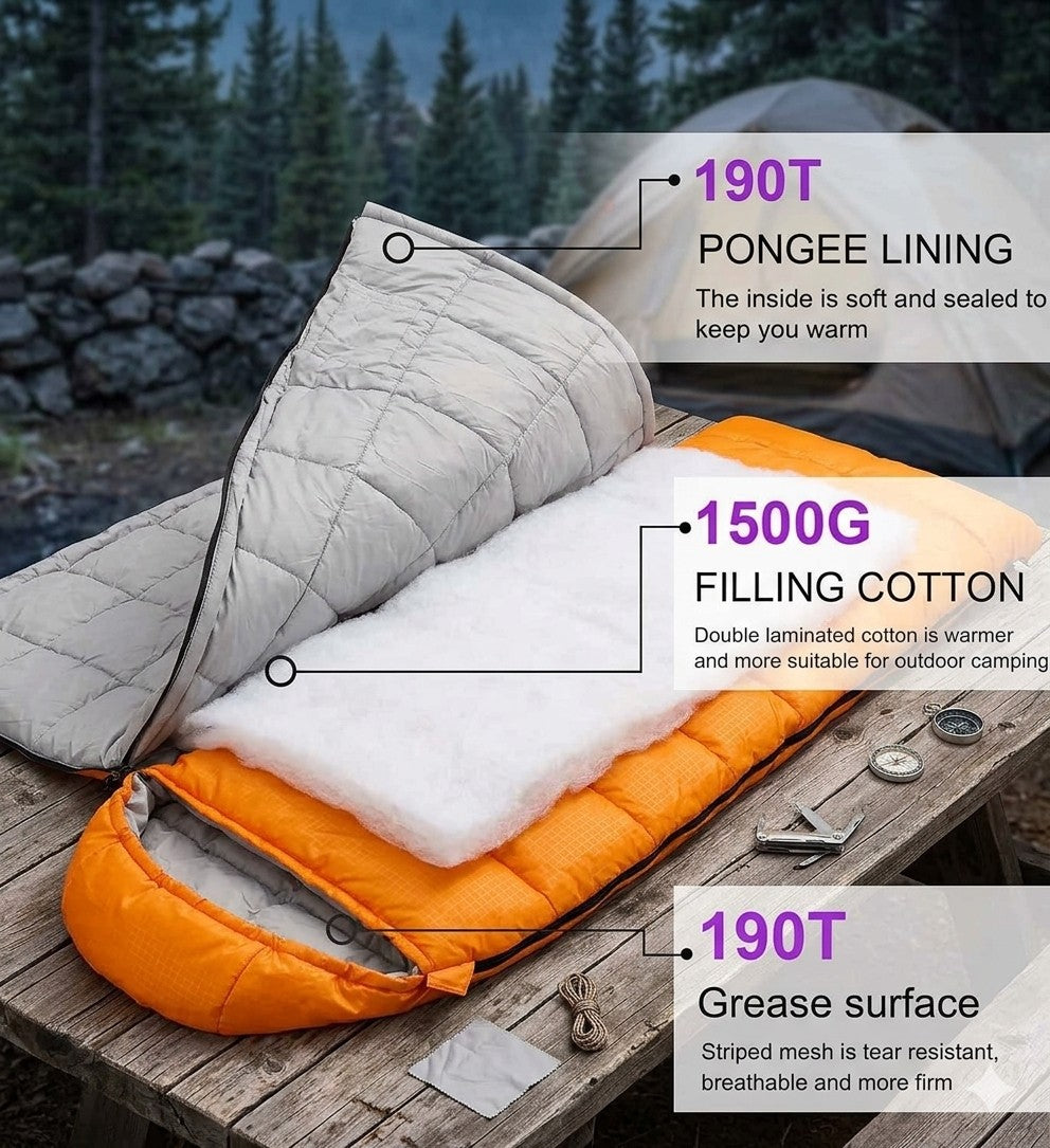 Orange and gray sleeping bag with features highlighted on a wooden surface outdoors.