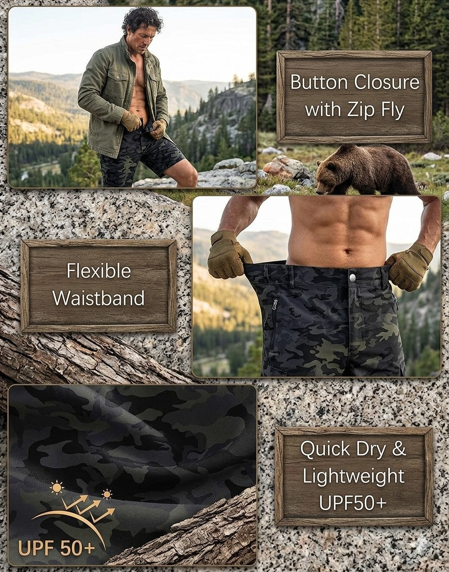Technical features of Big Green Bear hiking shorts highlighting UPF 50+ sun protection, water-repellent finish, and lightweight quick-dry fabric.