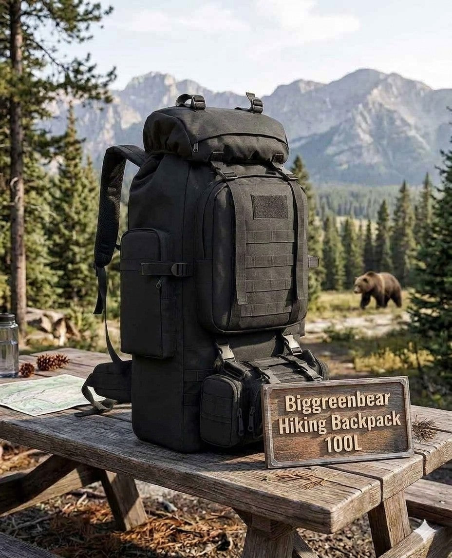 Black hiking backpack on a wooden table with a bear and mountain landscape in the background big green bear
