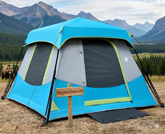 Blue camping tent with a bear and mountains in the background Biggreenbear.com