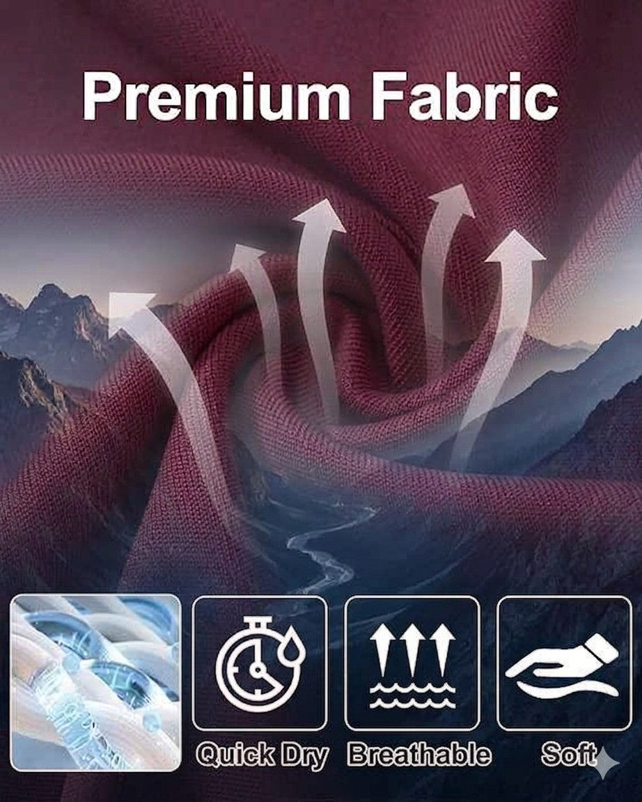 Premium fabric with mountain background and quick dry, breathable, and soft features indicated.