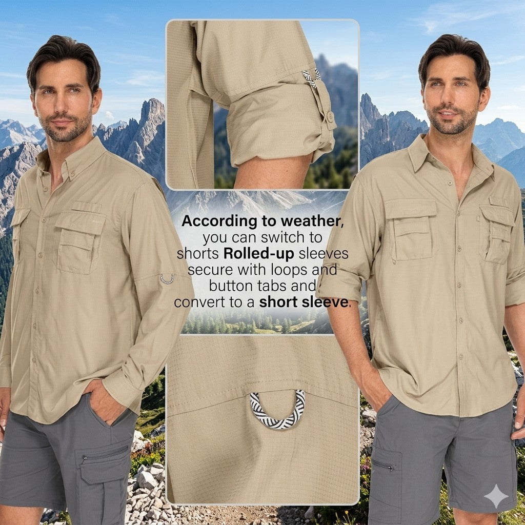 Man wearing a beige shirt and gray shorts with mountainous background
