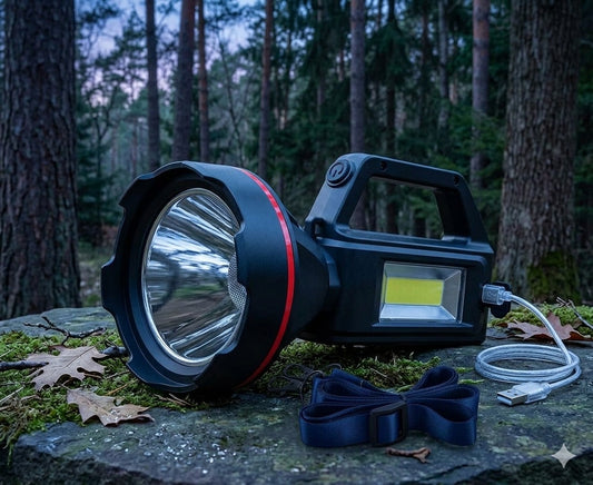 Black flashlight with red accent on a stone surface in a forest setting Big Green Bear