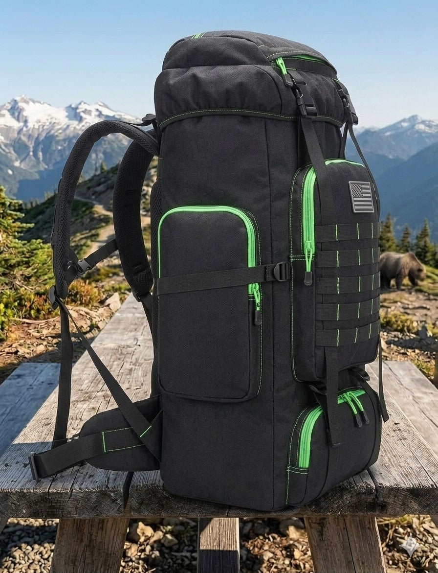 Black backpack with green accents on a wooden bench with mountains in the background