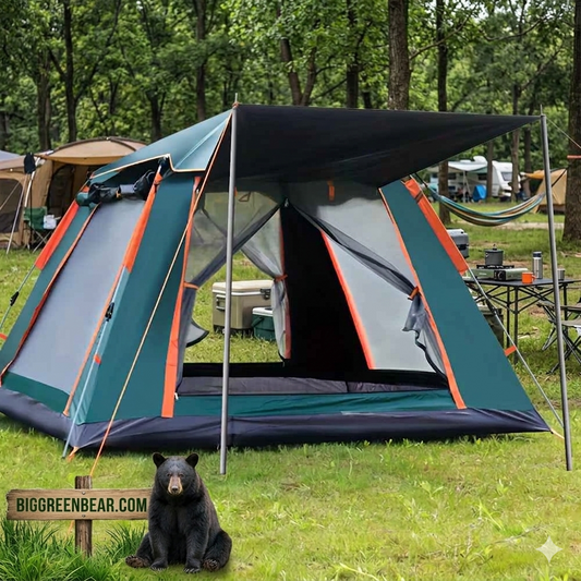 Camping scene with a tent, bear, and outdoor furniture in a forest setting. Biggreenbear.com