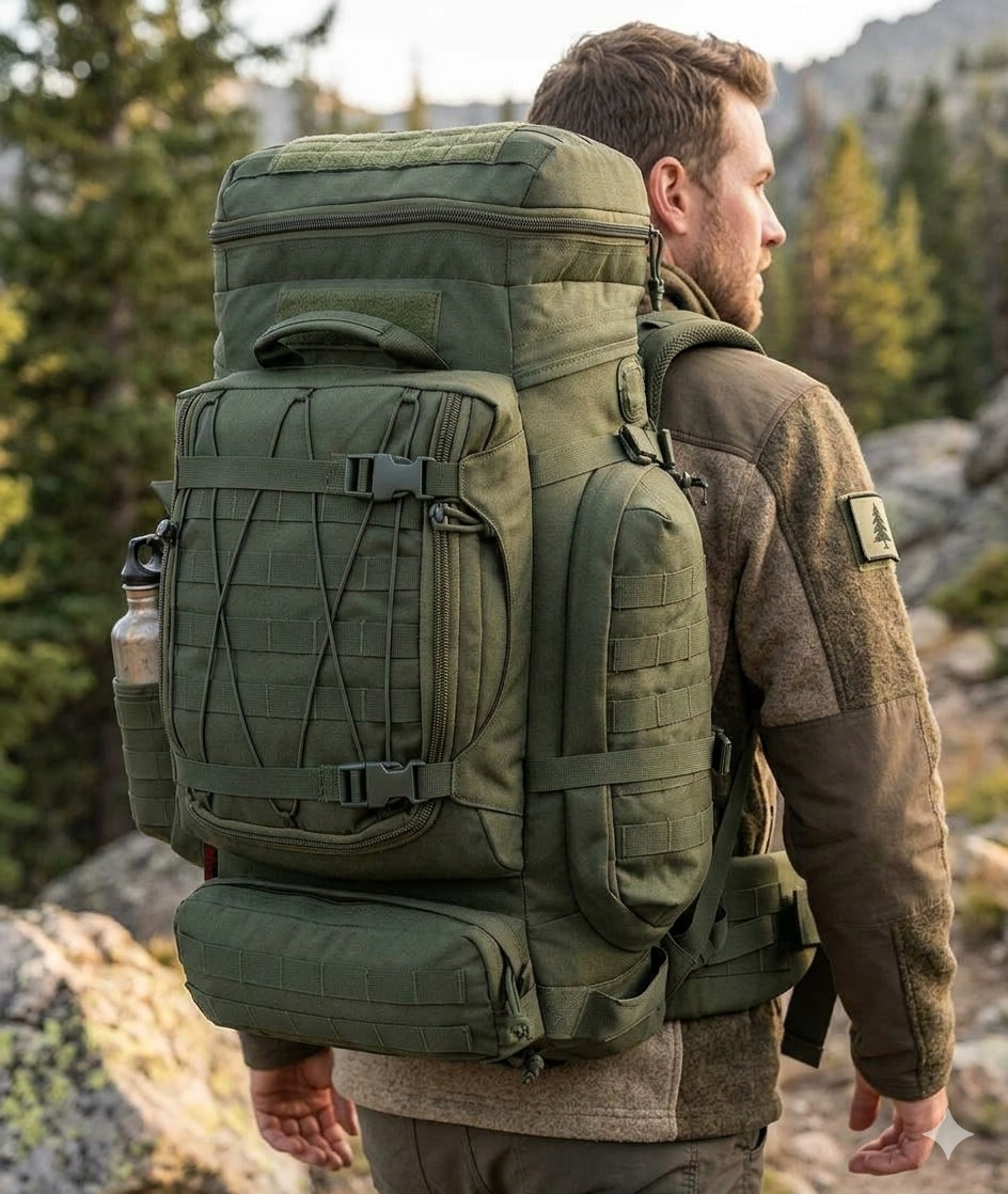 A man wearing a large olive green tactical backpack outdoors in a mountainous forest setting, shown from the back and side.