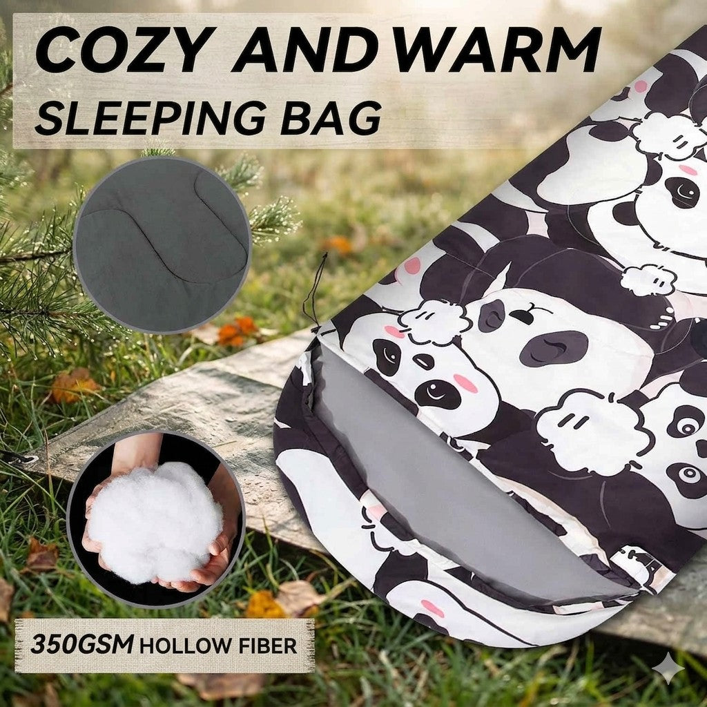 Sleeping bag with panda pattern on grass, labeled 'Cozy and Warm Sleeping Bag' and '350GSM Hollow Fiber'.