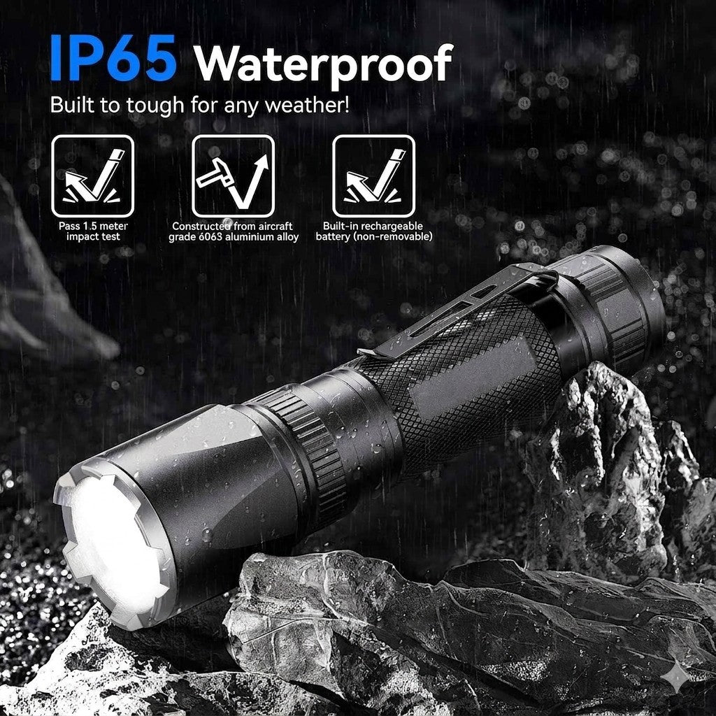 Waterproof flashlight on a rocky surface with raindrops, emphasizing its durability.