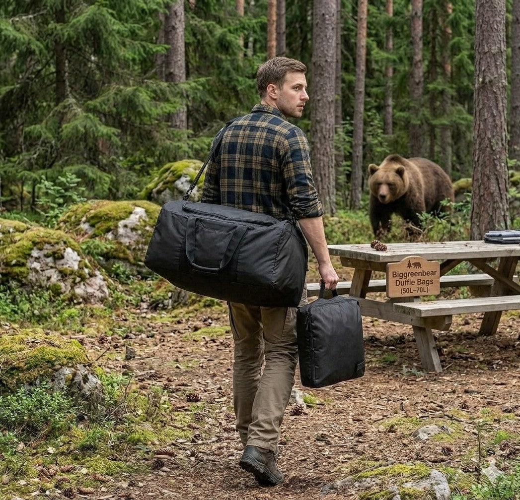 Man walking with camping gear in a forest with a bear nearby.
