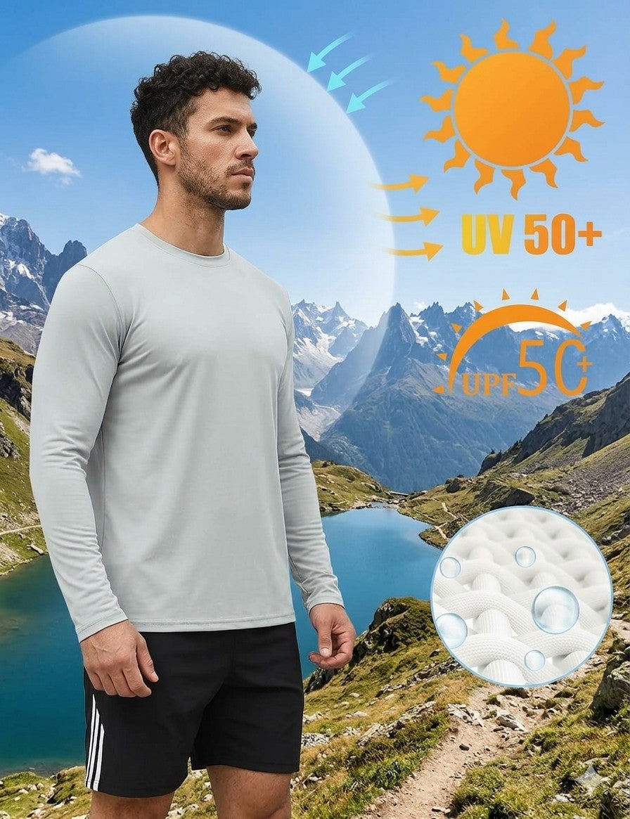 Man wearing a long-sleeve shirt with mountain and sun graphics indicating UV protection.
