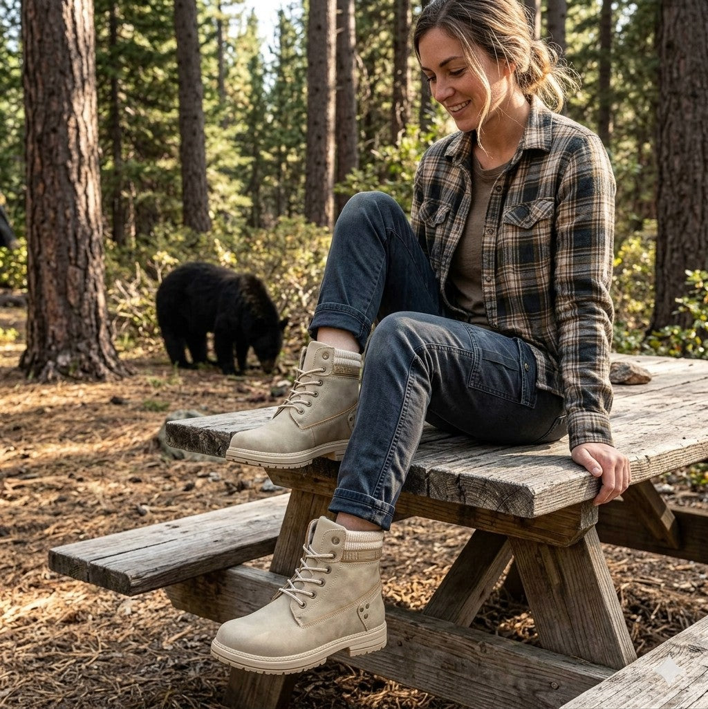Woman sitting on a wooden bench in a forest with a bear in the background big green bear