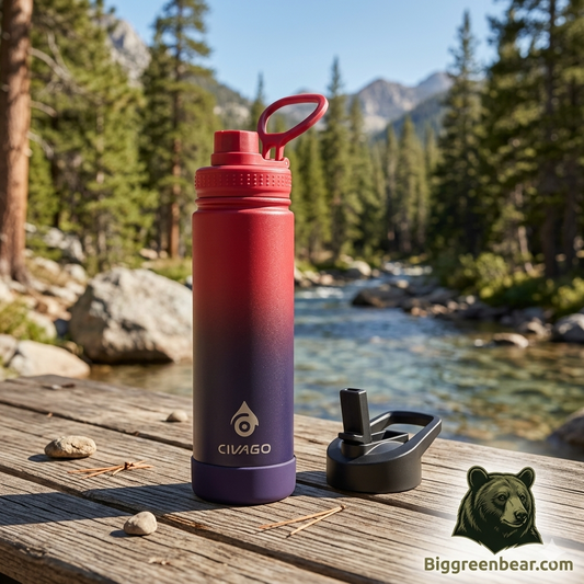 Red and purple water bottle with a black cap on a wooden surface near a river and trees. Biggreenbear.com Big Green Bear