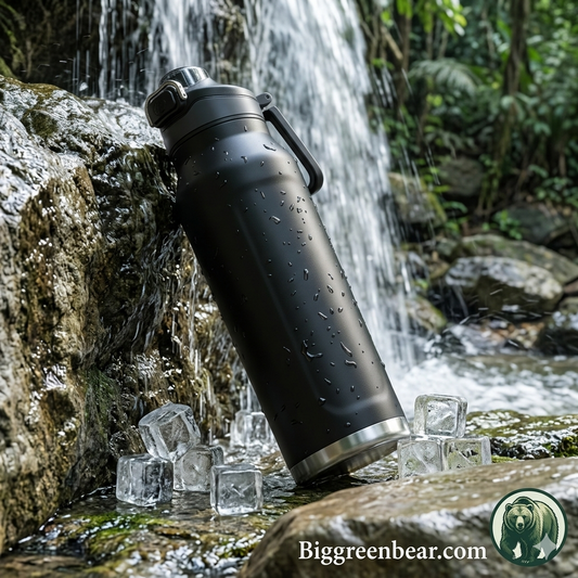 Black insulated bottle with ice cubes in front of a waterfall, featuring Biggreenbear.com logo.