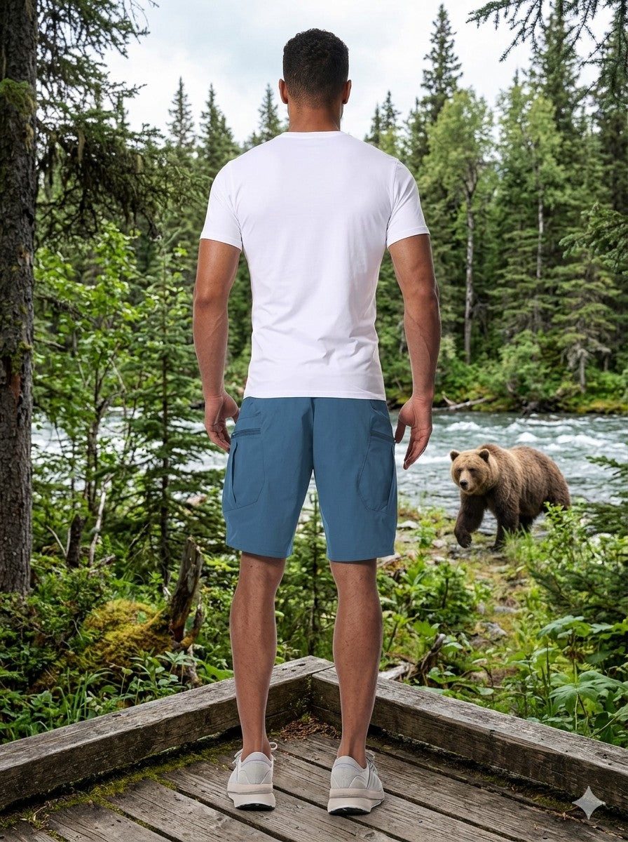 "Close-up of the expandable comfort back waistband on Big Green Bear tactical work shorts, showing elastic panels for a custom fit."