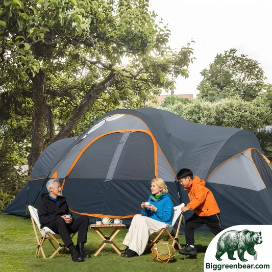 Family camping outdoors with a large tent in a park setting. Biggreenbear.com