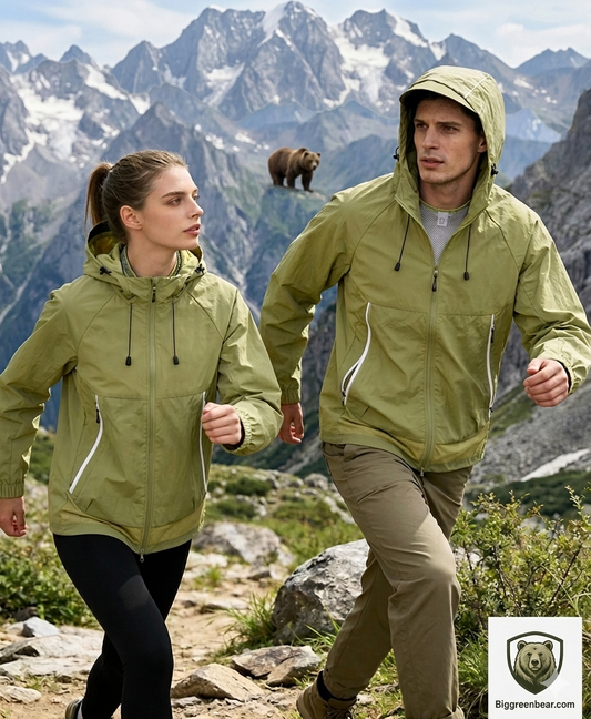 Two people wearing green jackets running on a mountain trail with a bear in the background. Biggreenbear.com